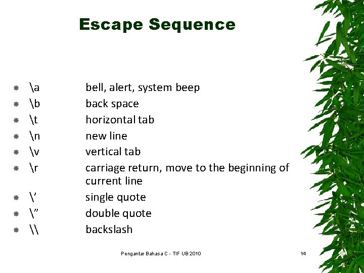 Escape Sequence a b t n v r ’ ” \ bell, alert, system