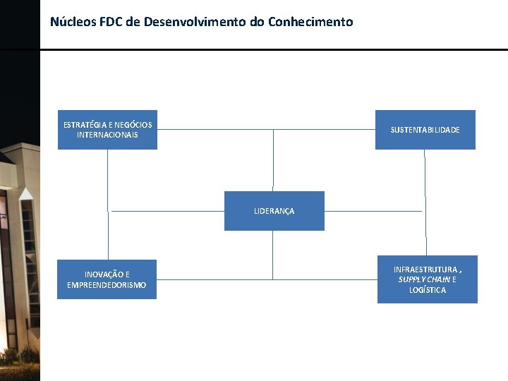 Núcleos FDC de Desenvolvimento do Conhecimento ESTRATÉGIA E NEGÓCIOS INTERNACIONAIS SUSTENTABILIDADE LIDERANÇA INOVAÇÃO E