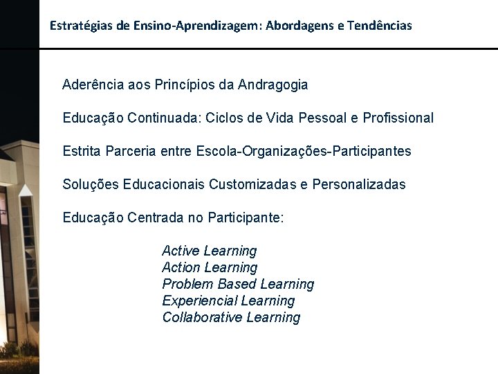 Estratégias de Ensino-Aprendizagem: Abordagens e Tendências Aderência aos Princípios da Andragogia Educação Continuada: Ciclos