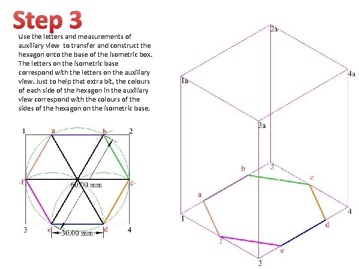 Step 3 Use the letters and measurements of auxiliary view to transfer and construct