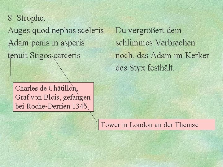 8. Strophe: Auges quod nephas sceleris Adam penis in asperis tenuit Stigos carceris Du