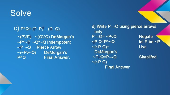 Solve c) P^Q= (P P) (Q Q) ~(PVP) ~(QVQ) De. Morgan’s ~P^~P ~Q^~Q Indempotent