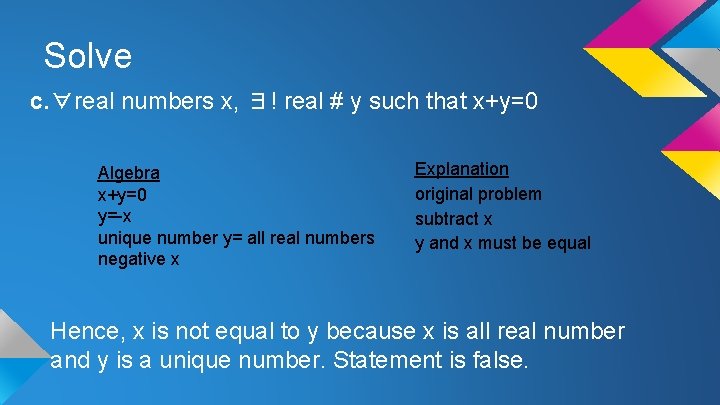 Solve c. ∀real numbers x, ∃! real # y such that x+y=0 Algebra x+y=0