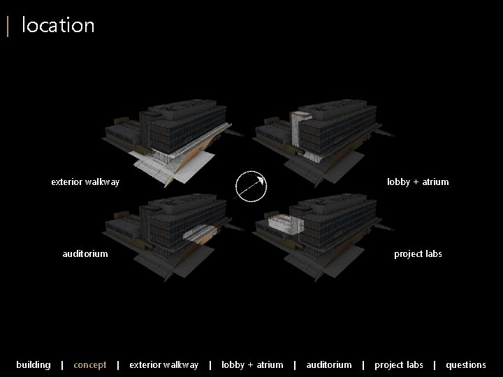 | location building exterior walkway lobby + atrium auditorium project labs | concept |