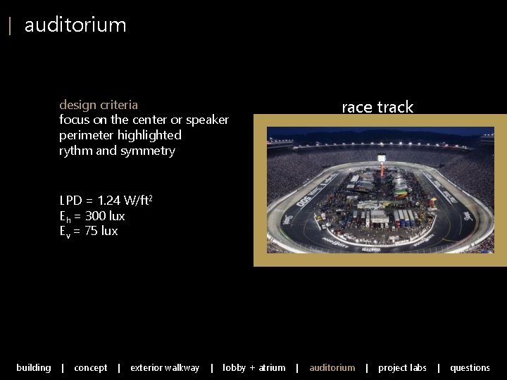 | auditorium race track design criteria focus on the center or speaker perimeter highlighted