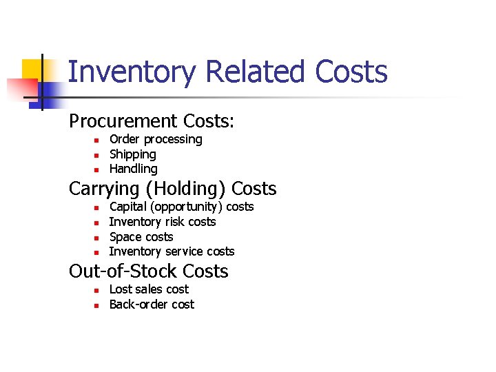 Inventory Related Costs Procurement Costs: n n n Order processing Shipping Handling Carrying (Holding)