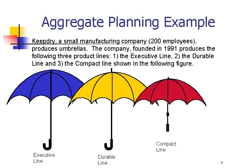 Aggregate Planning Example Keepdry, a small manufacturing company (200 employees), produces umbrellas. The company,