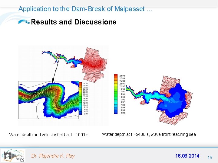 Application to the Dam-Break of Malpasset … Results and Discussions Water depth and velocity