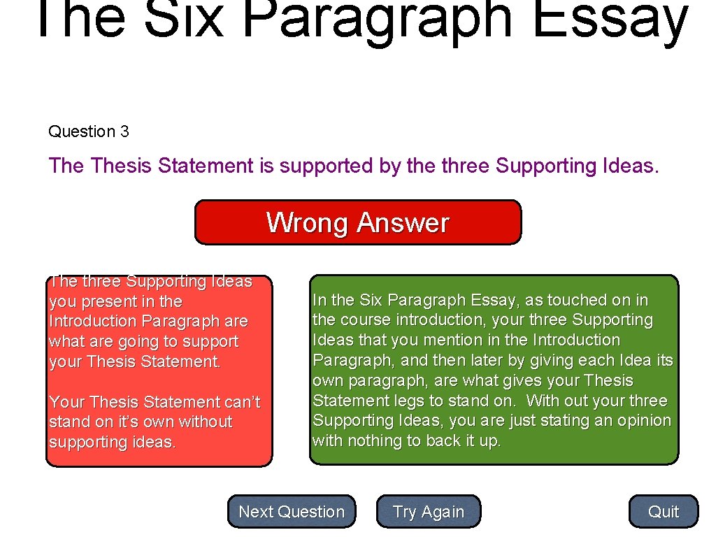 The Six Paragraph Essay Question 3 Thesis Statement is supported by the three Supporting