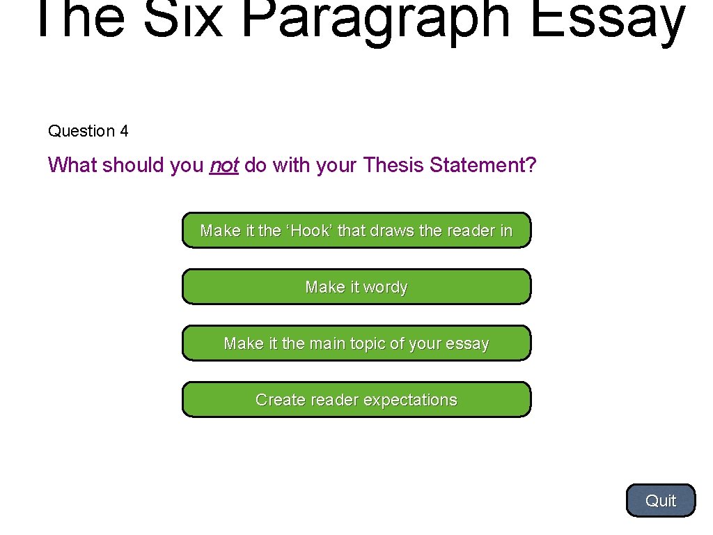 The Six Paragraph Essay Question 4 What should you not do with your Thesis