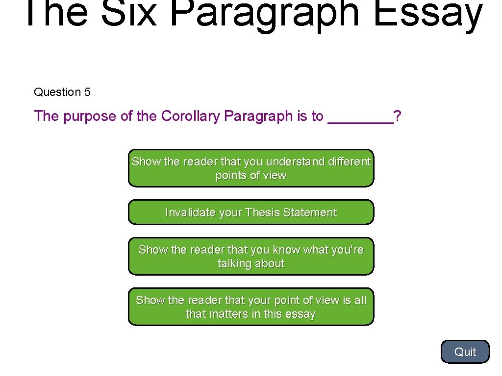 The Six Paragraph Essay Question 5 The purpose of the Corollary Paragraph is to