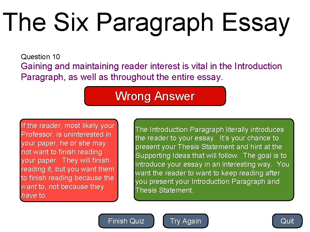 The Six Paragraph Essay Question 10 Gaining and maintaining reader interest is vital in