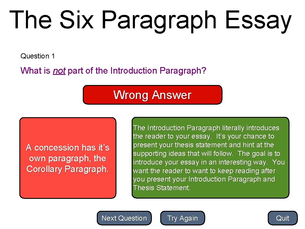The Six Paragraph Essay Question 1 What is not part of the Introduction Paragraph?