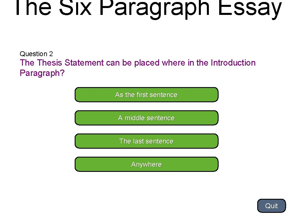 The Six Paragraph Essay Question 2 Thesis Statement can be placed where in the