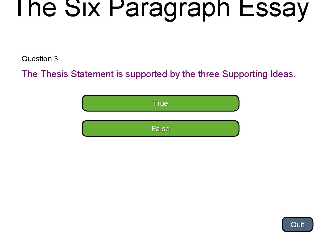 The Six Paragraph Essay Question 3 Thesis Statement is supported by the three Supporting