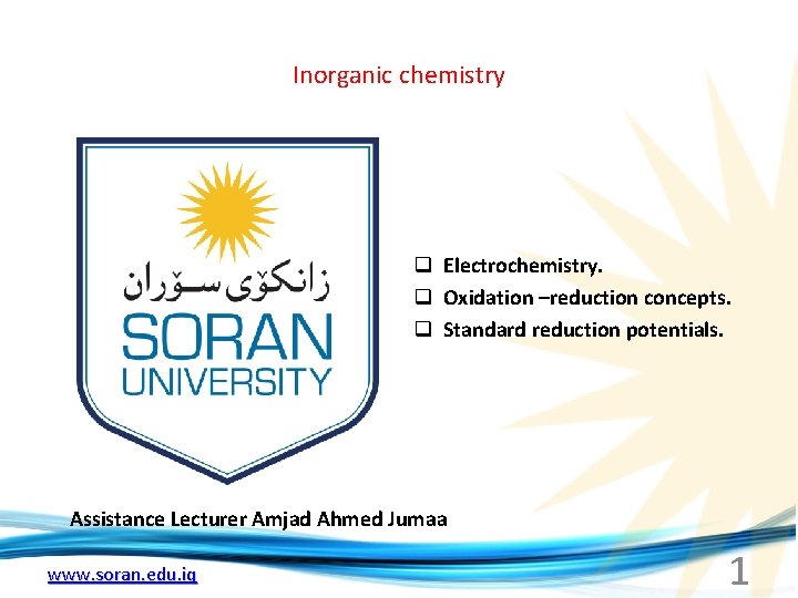 Inorganic chemistry q Electrochemistry. q Oxidation –reduction concepts. q Standard reduction potentials. Assistance Lecturer