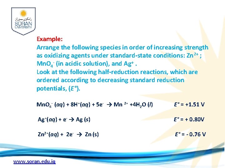 Example: Arrange the following species in order of increasing strength as oxidizing agents under