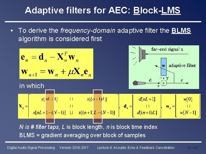 Adaptive filters for AEC: Block-LMS • To derive the frequency-domain adaptive filter the BLMS
