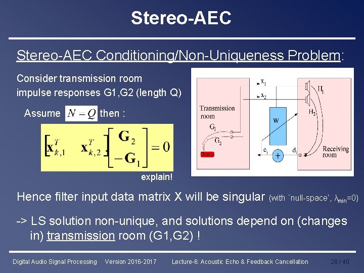 Stereo-AEC Conditioning/Non-Uniqueness Problem: Consider transmission room impulse responses G 1, G 2 (length Q)