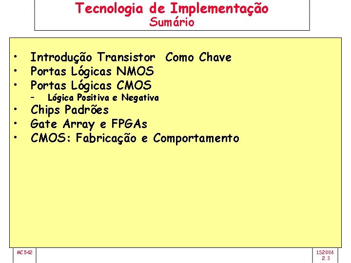 Tecnologia de Implementação Sumário • • • Introdução Transistor Como Chave Portas Lógicas NMOS