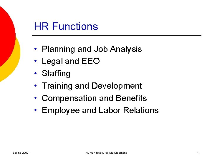 HR Functions • • • Spring 2007 Planning and Job Analysis Legal and EEO