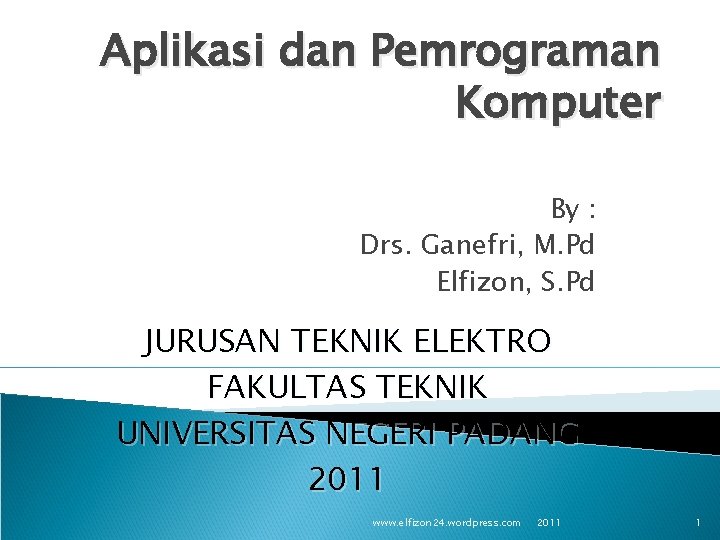 Aplikasi dan Pemrograman Komputer By : Drs. Ganefri, M. Pd Elfizon, S. Pd JURUSAN