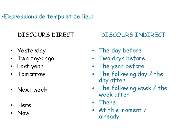  • Expressions de temps et de lieu: DISCOURS INDIRECT DISCOURS DIRECT • •