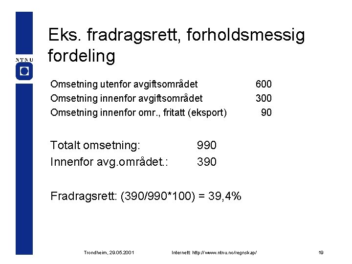 Eks. fradragsrett, forholdsmessig fordeling Omsetning utenfor avgiftsområdet Omsetning innenfor omr. , fritatt (eksport) Totalt