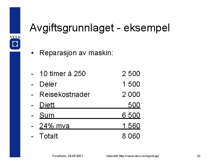 Avgiftsgrunnlaget - eksempel • Reparasjon av maskin: - 10 timer à 250 Deler Reisekostnader