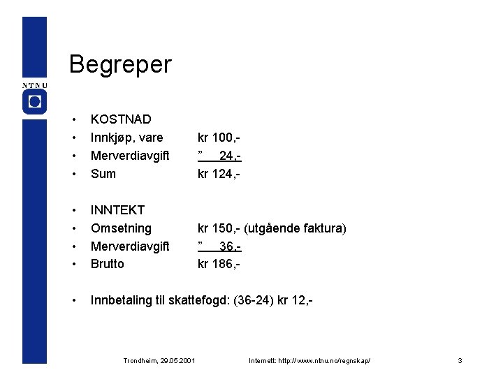 Begreper • • KOSTNAD Innkjøp, vare Merverdiavgift Sum kr 100, ” 24, kr 124,