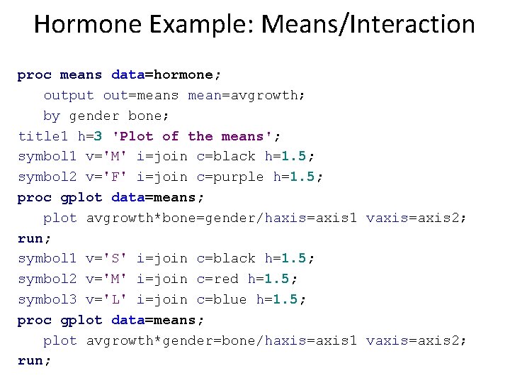 Hormone Example: Means/Interaction proc means data=hormone; output out=means mean=avgrowth; by gender bone; title 1