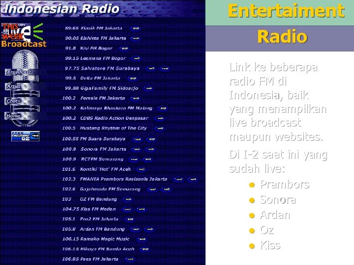 Entertaiment Radio Link ke beberapa radio FM di Indonesia, baik yang menampilkan live broadcast