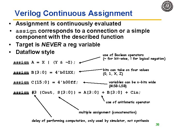 Verilog Continuous Assignment • Assignment is continuously evaluated • assign corresponds to a connection