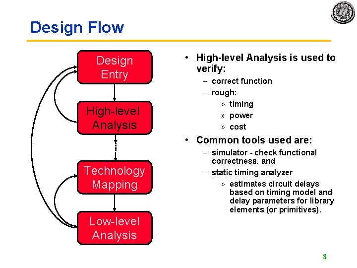 Design Flow Design Entry High-level Analysis • High-level Analysis is used to verify: –