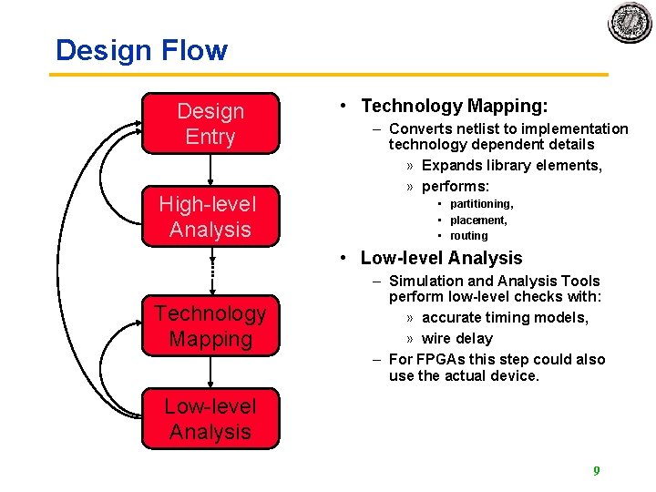 Design Flow Design Entry High-level Analysis • Technology Mapping: – Converts netlist to implementation