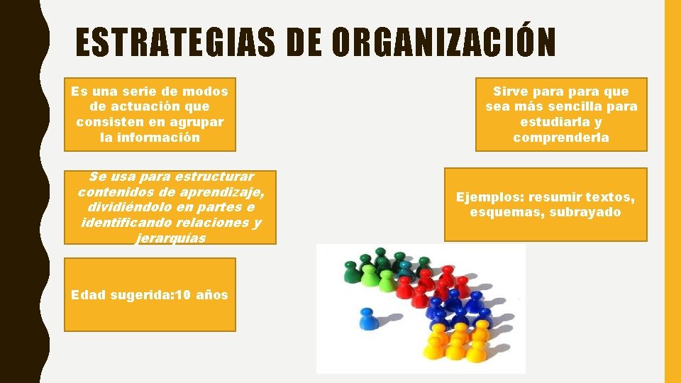 ESTRATEGIAS DE ORGANIZACIÓN Es una serie de modos de actuación que consisten en agrupar