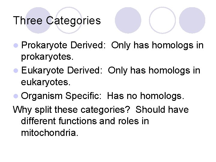 Three Categories l Prokaryote Derived: Only has homologs in prokaryotes. l Eukaryote Derived: Only