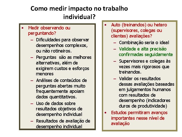 Como medir impacto no trabalho individual? • Medir observando ou perguntando? – Dificuldades para