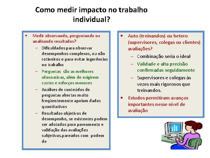 Como medir impacto no trabalho individual? • Medir observando, perguntando ou analisando resultados? –