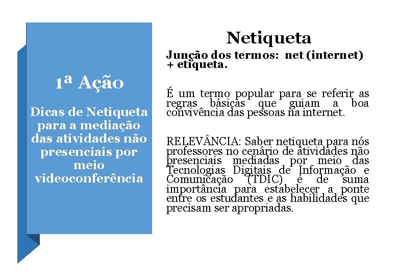 Netiqueta Junção dos termos: net (internet) + etiqueta. 1ª Ação Dicas de Netiqueta para