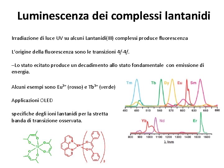 Luminescenza dei complessi lantanidi Irradiazione di luce UV su alcuni Lantanidi(III) complessi produce fluorescenza