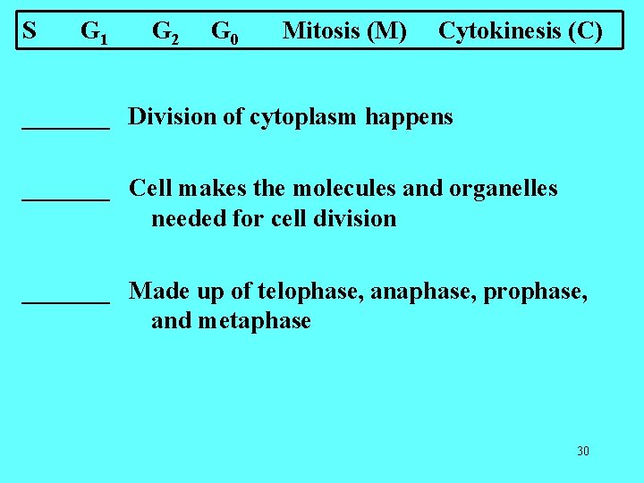 S G 1 G 2 G 0 Mitosis (M) Cytokinesis (C) _______ Division of S G 1 G 2 G 0 Mitosis (M) Cytokinesis (C) _______ Division of