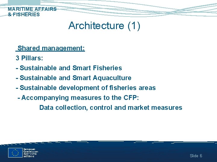 MARITIME AFFAIRS & FISHERIES Architecture (1) Shared management: 3 Pillars: - Sustainable and Smart