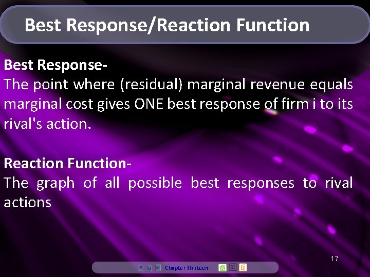 Best Response/Reaction Function Best Response. The point where (residual) marginal revenue equals marginal cost
