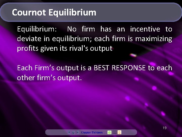 Cournot Equilibrium: No firm has an incentive to deviate in equilibrium; each firm is