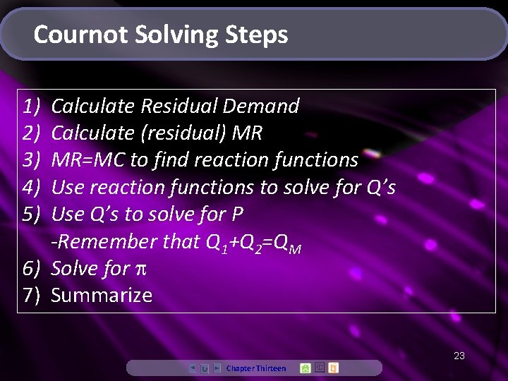 Cournot Solving Steps 1) 2) 3) 4) 5) Calculate Residual Demand Calculate (residual) MR