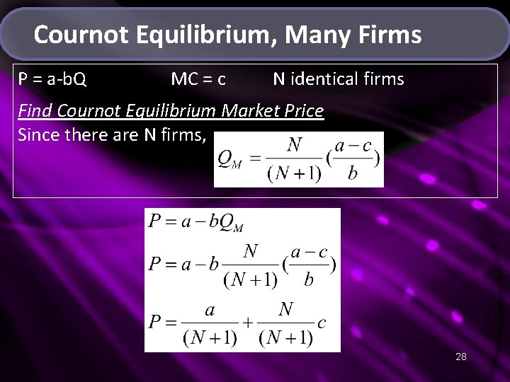 Cournot Equilibrium, Many Firms P = a-b. Q MC = c N identical firms