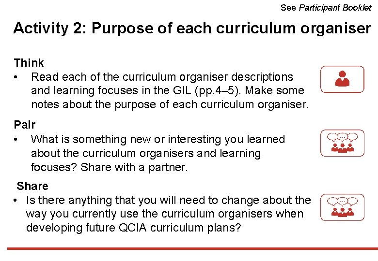 See Participant Booklet Activity 2: Purpose of each curriculum organiser Think • Read each