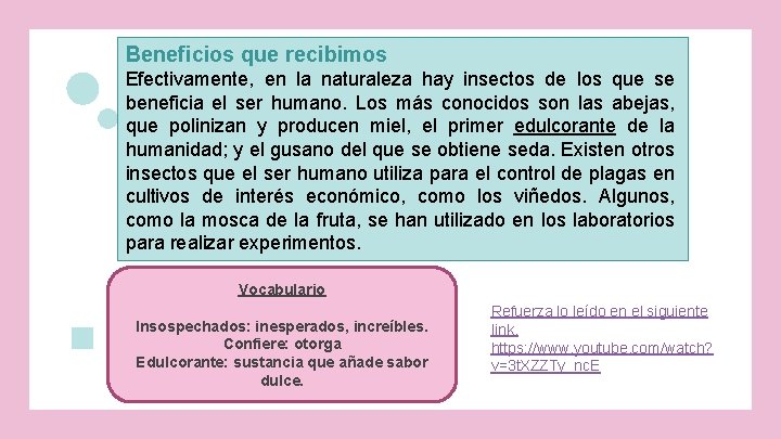 Beneficios que recibimos Efectivamente, en la naturaleza hay insectos de los que se beneficia