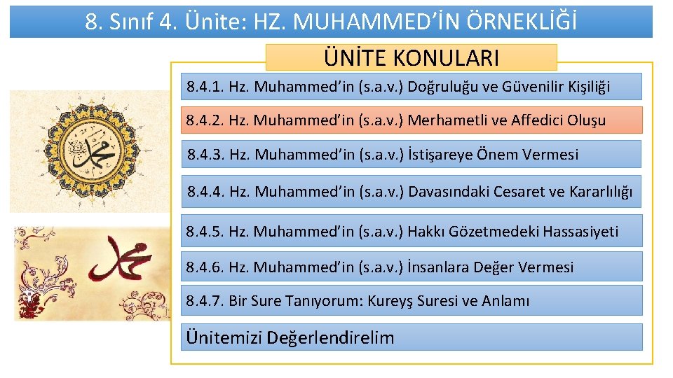 8. Sınıf 4. Ünite: HZ. MUHAMMED’İN ÖRNEKLİĞİ ÜNİTE KONULARI 8. 4. 1. Hz. Muhammed’in